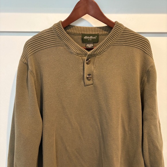 Eddie Bauer Cotton Knit Henley Sweater Men XL Olive Green Rib Collar Outdoor Y2K - Picture 3 of 12